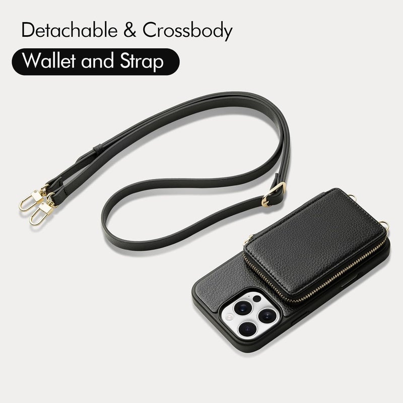 ZVE for iPhone 16 Pro Wallet Case with Card Holder, Zipper Crossbody Case with Wrist Strap for Women for iPhone 16 Pro 6.3" Black - Image 5